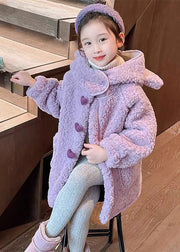 Art Purple Patchwork Pockets Faux Fur Girls Hoodie Long Coat Spring