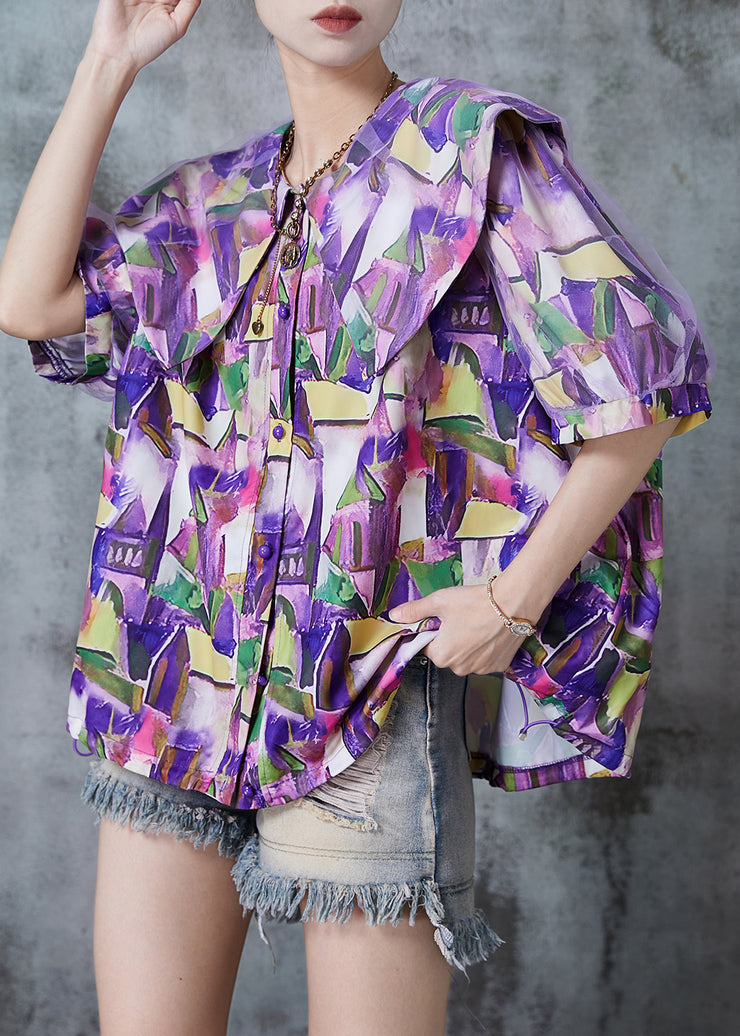 Art Purple Peter Pan Collar Graffiti Print Cotton Blouse Tops Summer