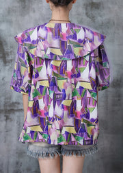 Art Purple Peter Pan Collar Graffiti Print Cotton Blouse Tops Summer