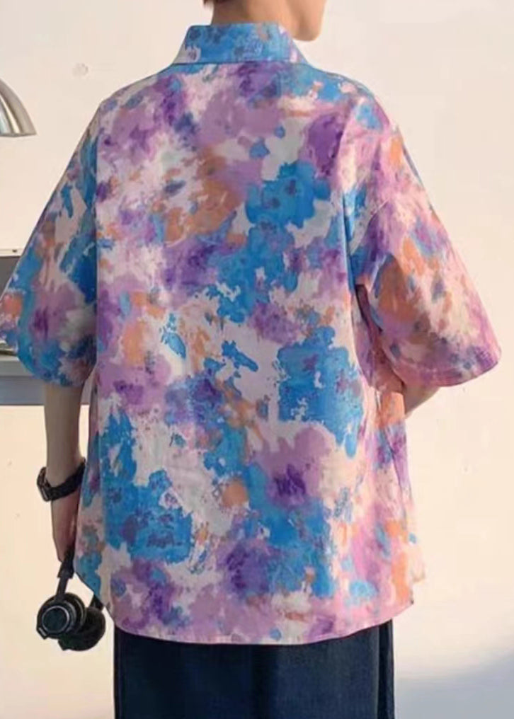 Art Purple Peter Pan Collar Print Mens Shirts Short Sleeve