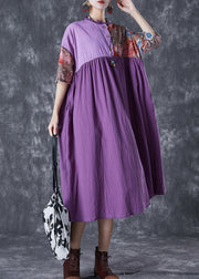 Art Purple Ruffled Patchwork Asymmetrical Linen Dress Summer