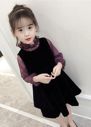 Art Purple Ruffled Patchwork Velour Baby Girls Dress Two Pieces Set Fall