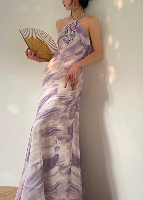 Art Purple Ruffled Print Chiffon Maxi Dress Sleeveless