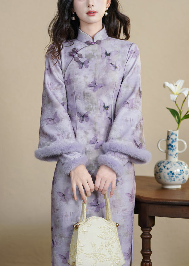 Art Purple Stand Collar Butterfly Side Open Warm Fleece Long Dresses Winter