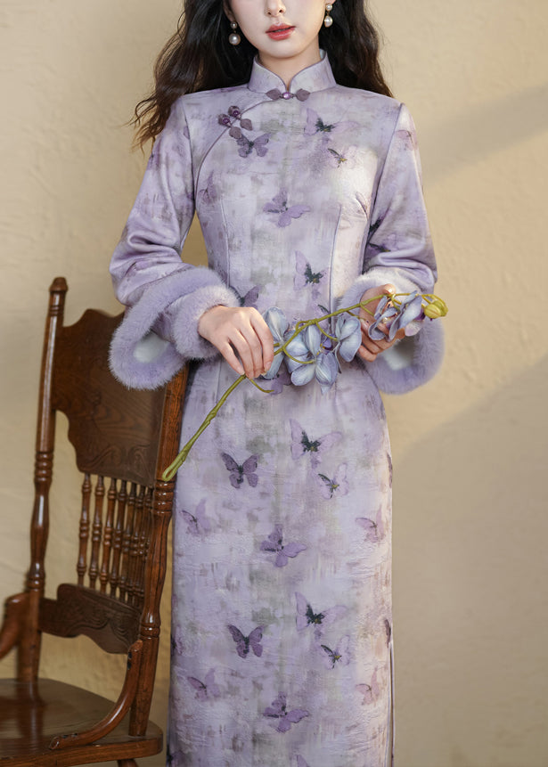 Art Purple Stand Collar Butterfly Side Open Warm Fleece Long Dresses Winter