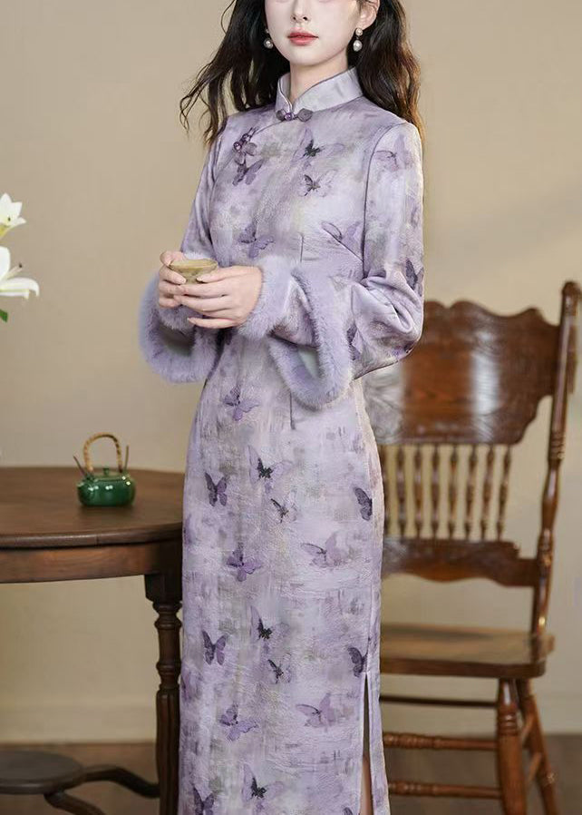 Art Purple Stand Collar Butterfly Side Open Warm Fleece Long Dresses Winter