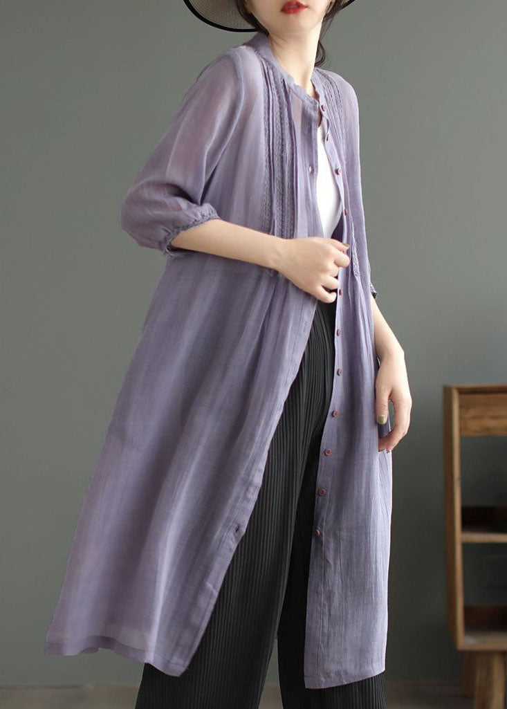 Art Purple Stand Collar Wrinkled Patchwork Linen Shirts Dresses Summer