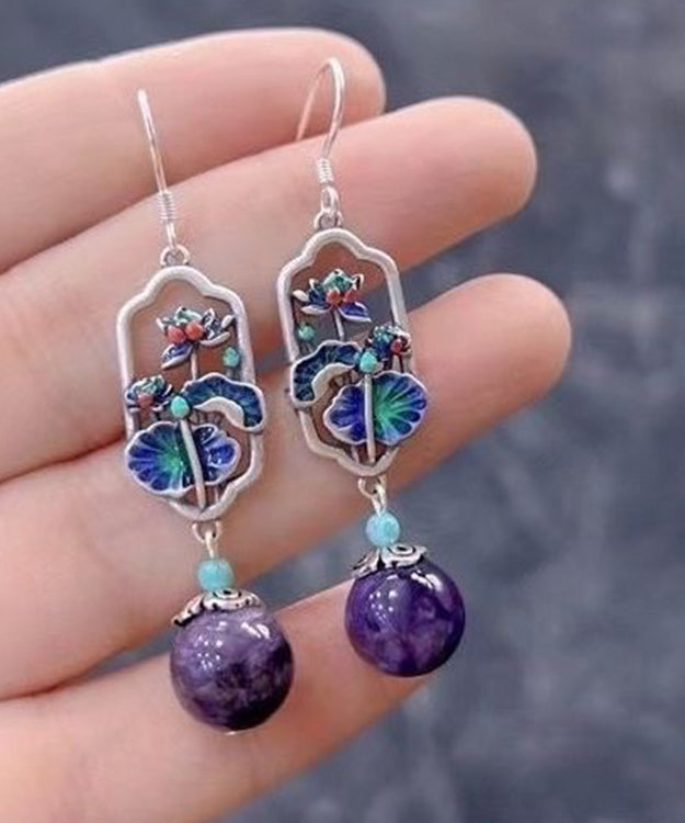 Art Purple Sterling Silver Crystal Cloisonne Lotus Leaf Drop Earrings