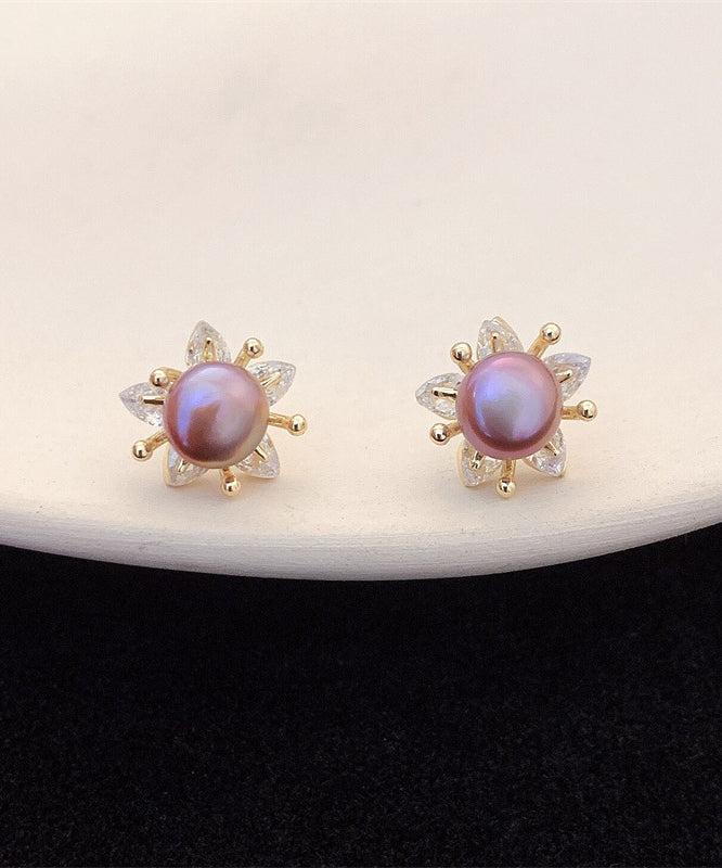 Art Purple Sterling Silver Overgild Pearl Floral Stud Earrings