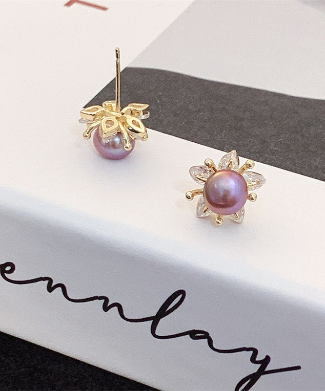 Art Purple Sterling Silver Overgild Pearl Floral Stud Earrings