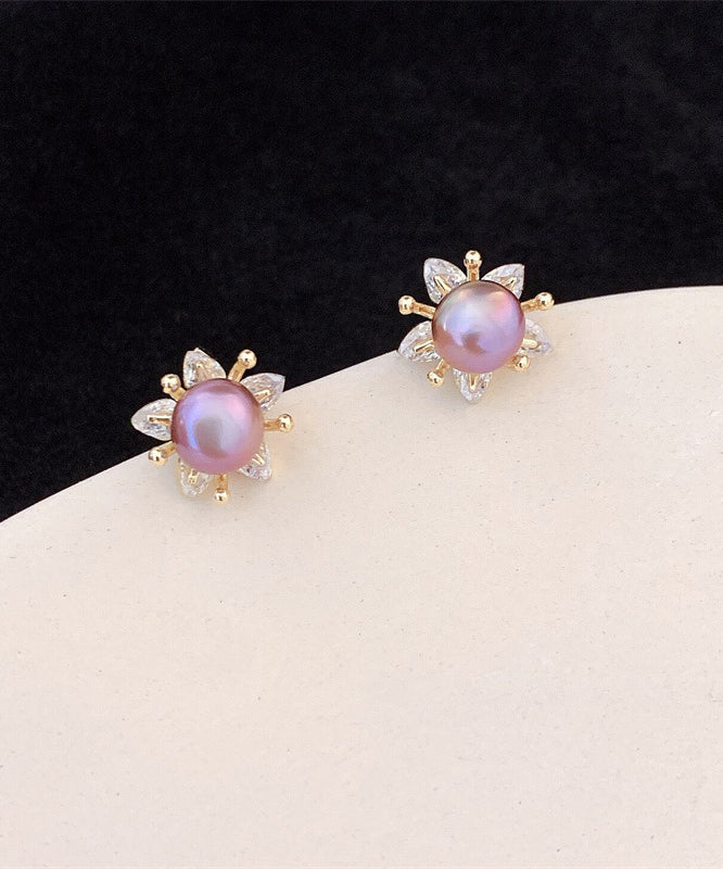 Art Purple Sterling Silver Overgild Pearl Floral Stud Earrings