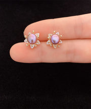 Art Purple Sterling Silver Overgild Pearl Floral Stud Earrings