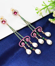 Art Purple Sterling Silver Pearl Zircon Water Drop Tassel Drop Earrings