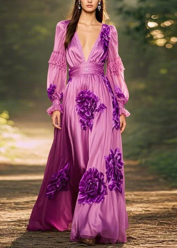 Art Purple V Neck Print Chiffon Maxi Dresses Butterfly Sleeve