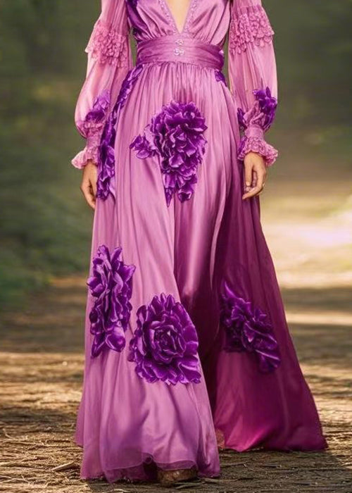 Art Purple V Neck Print Chiffon Maxi Dresses Butterfly Sleeve