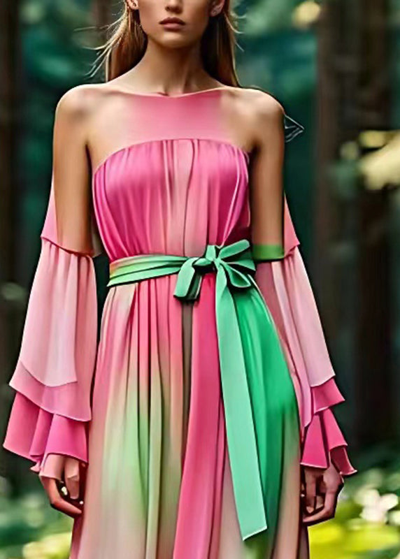 Art Rainbow Cold Shoulder Patchwork Silk Maxi Dress Long Sleeve