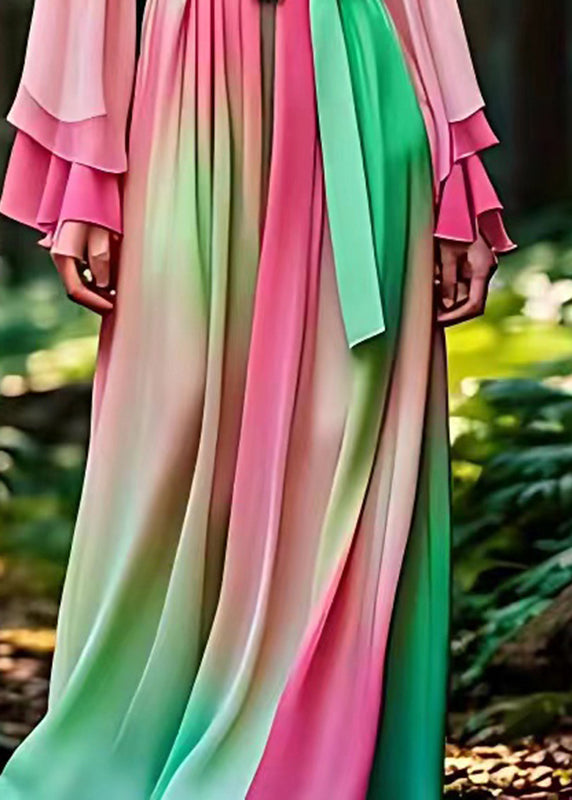 Art Rainbow Cold Shoulder Patchwork Silk Maxi Dress Long Sleeve