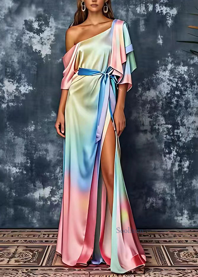 Art Rainbow Side Open Silk Holiday Long Dress Summer