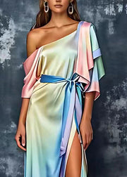 Art Rainbow Side Open Silk Holiday Long Dress Summer