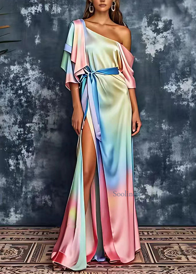 Art Rainbow Side Open Silk Holiday Long Dress Summer