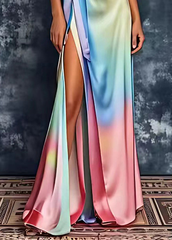 Art Rainbow Side Open Silk Holiday Long Dress Summer