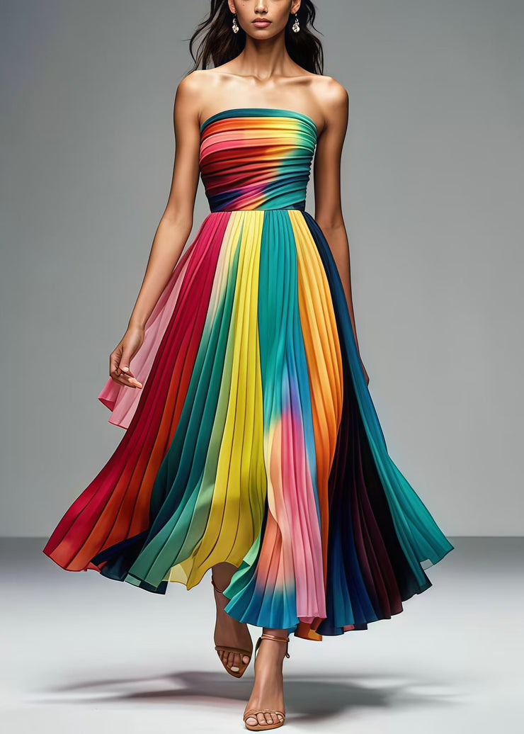 Art Rainbow Strapless Chiffon Party Pleated Dress Summer