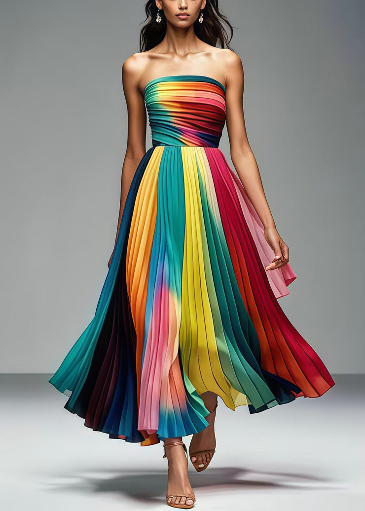 Art Rainbow Strapless Chiffon Party Pleated Dress Summer