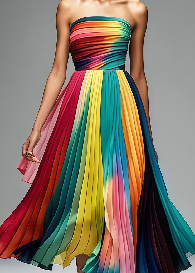 Art Rainbow Strapless Chiffon Party Pleated Dress Summer