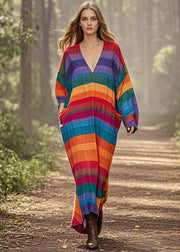 Art Rainbow V Neck Striped Cotton Ankle Dress Spring