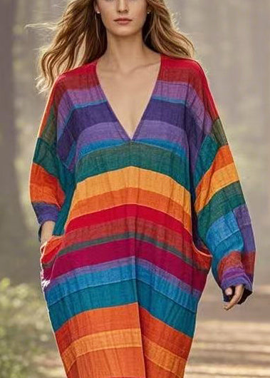 Art Rainbow V Neck Striped Cotton Ankle Dress Spring