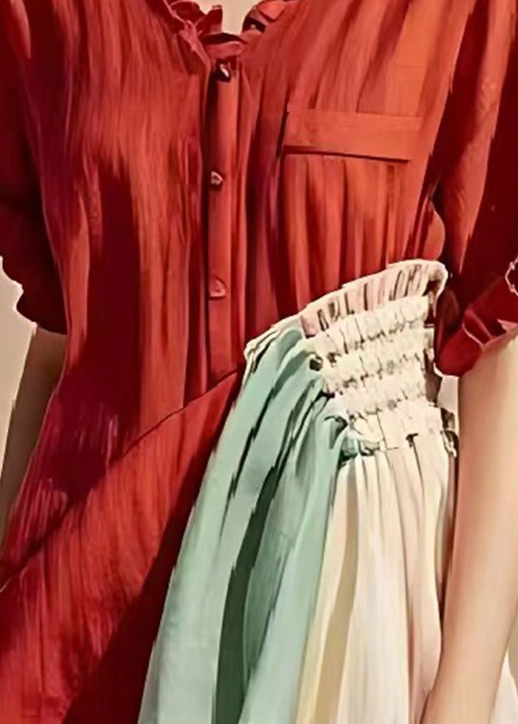Art Red Asymmetrical Patchwork Wrinkled Cotton Dress Summer