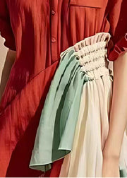 Art Red Asymmetrical Patchwork Wrinkled Cotton Dress Summer