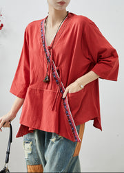 Art Red Embroidered Patchwork Cotton Shirts Summer