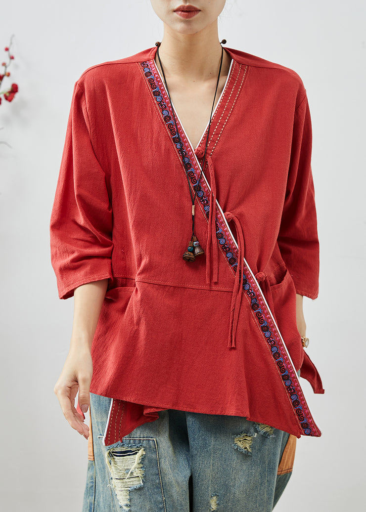 Art Red Embroidered Patchwork Cotton Shirts Summer