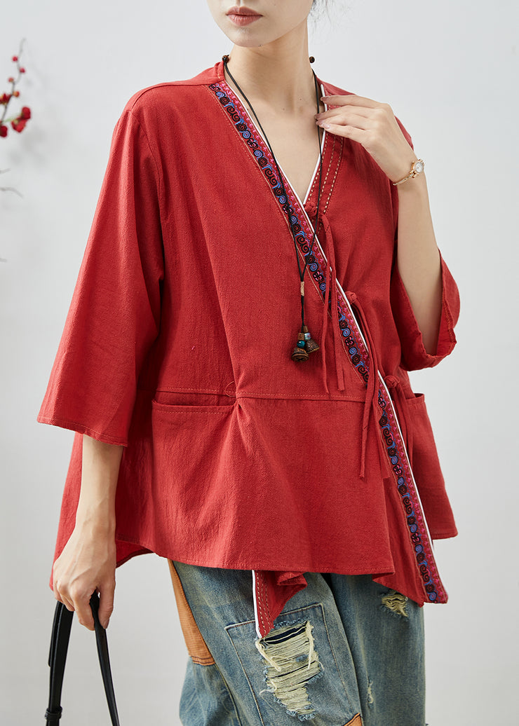 Art Red Embroidered Patchwork Cotton Shirts Summer