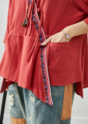 Art Red Embroidered Patchwork Cotton Shirts Summer