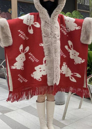 Art Red Hooded Print Patchwork Warm Fleece Cape Coats Spring