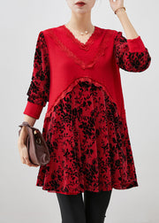 Art Red Jacquard Patchwork Silk Velour Mini Dresses Fall