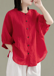 Art Red-print4 O-Neck Button Linen Loose Shirt Top Lantern Sleeve