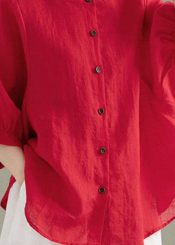 Art Red-print1 O-Neck Button Linen Loose Shirt Top Lantern Sleeve