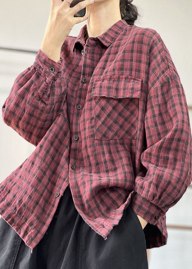 Art Red Oversized Plaid Linen Shirt Tops Fall