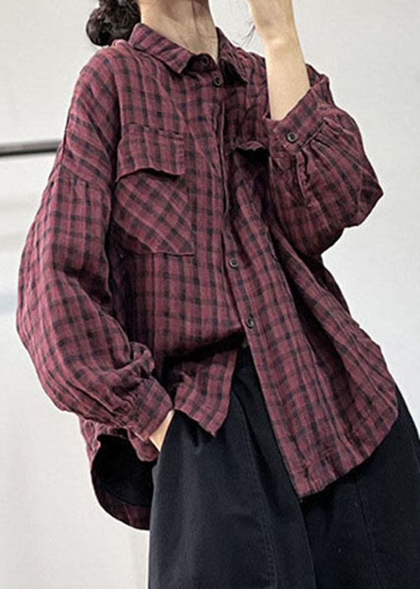 Art Red Oversized Plaid Linen Shirt Tops Fall