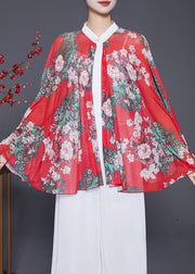 Art Red Oversized Print Chiffon Shirt Batwing Sleeve