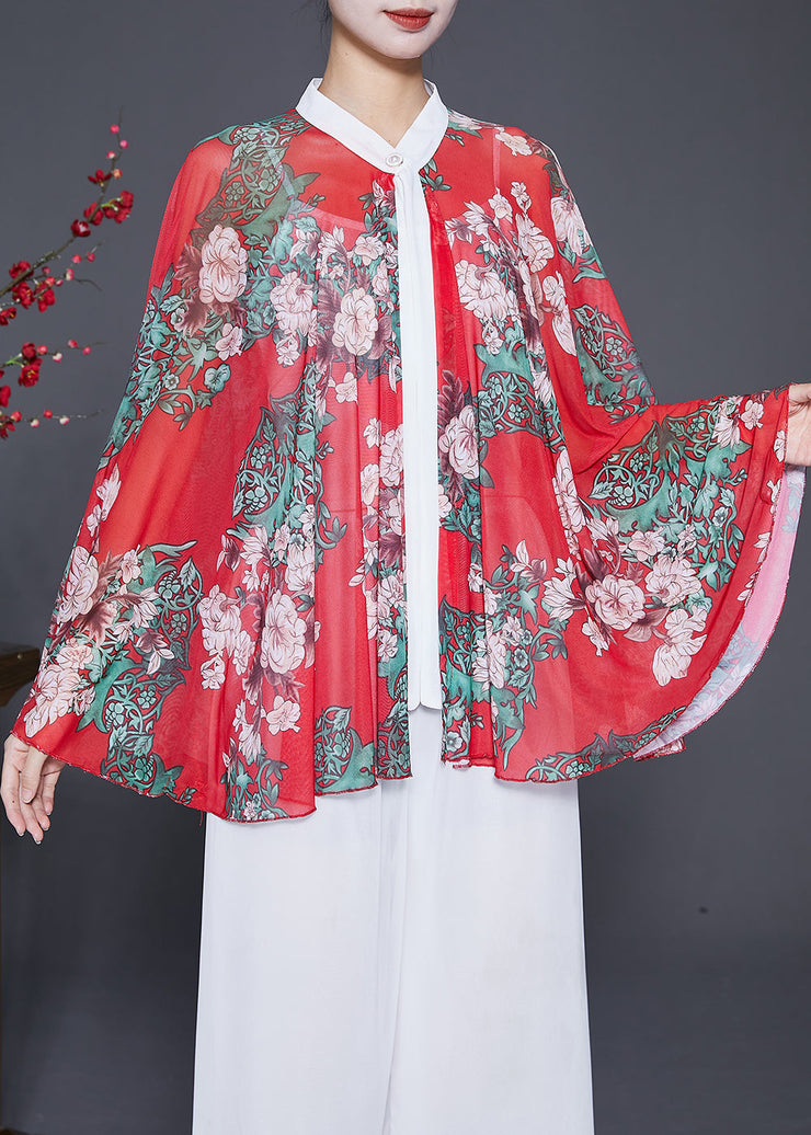 Art Red Oversized Print Chiffon Shirt Batwing Sleeve