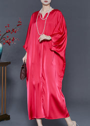 Art Red Oversized Silk Robe Dresses Batwing Sleeve