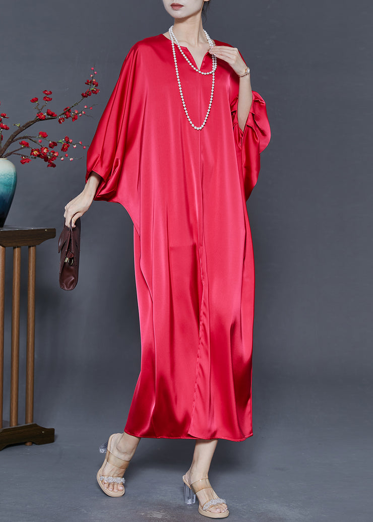 Art Red Oversized Silk Robe Dresses Batwing Sleeve