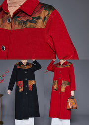 Art Red Peter Pan Collar Patchwork Pockets Trench Fall