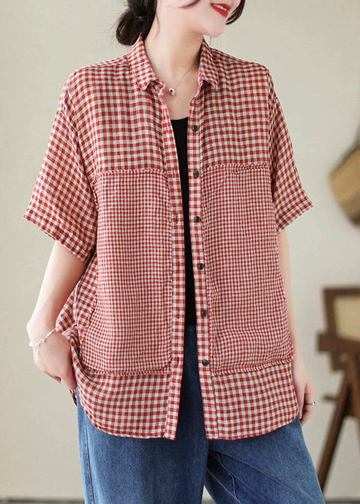 Art Red Peter Pan Collar Plaid Linen Shirt Top Summer