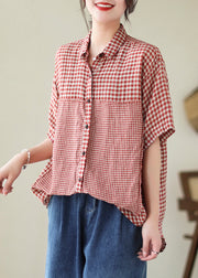 Art Red Peter Pan Collar Plaid Linen Shirt Top Summer