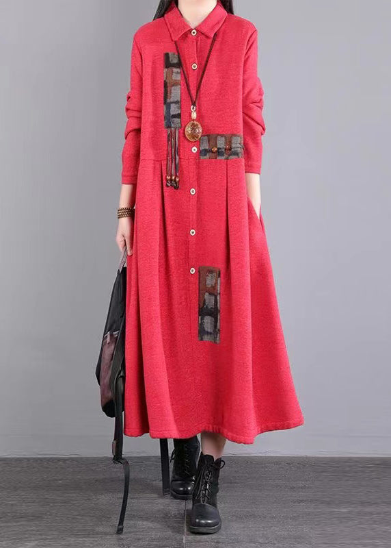 Art Red Peter Pan Collar Pockets Patchwork Warm Fleece Maxi Dresses Winter